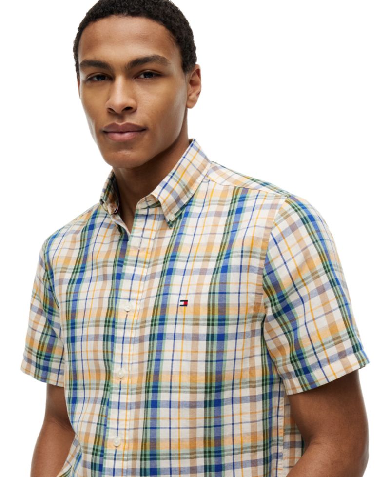 Men's Linen Blend Madras Short-Sleeve Shirt