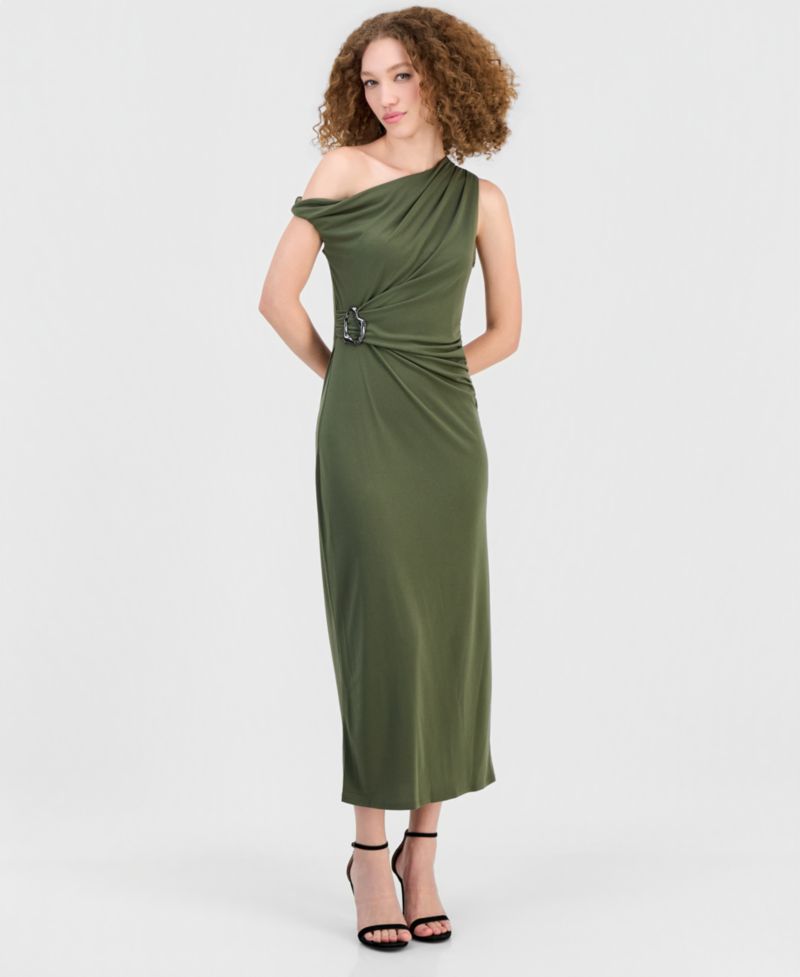 Women's Asymmetrical Side-Ruched Midi Dress