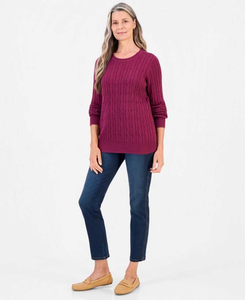Petite Cotton Cable-Knit Crewneck Sweater