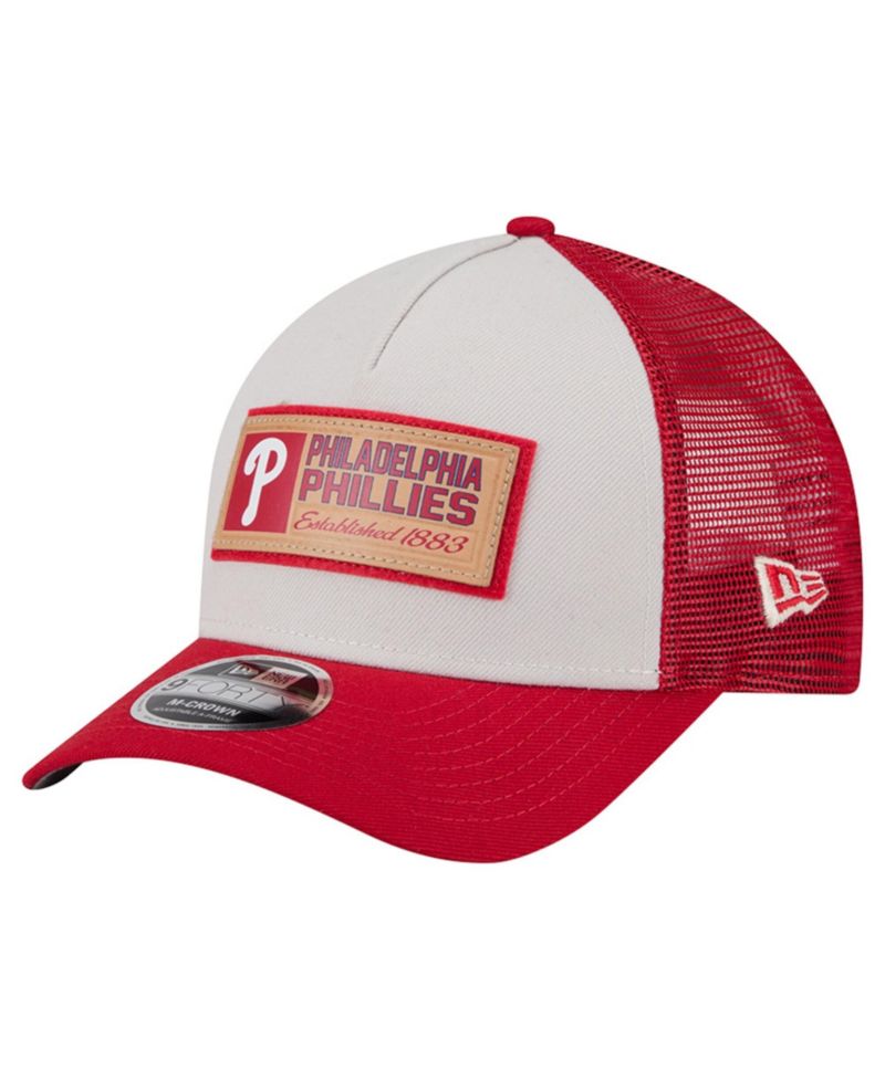 Men's Stone/Red Philadelphia Phillies Text A-Frame Trucker 9FORTY Hat