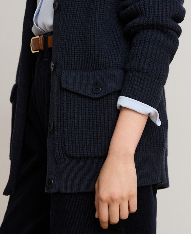 Women's Wool-Blend Rib-Knit Spread Collar Cardigan