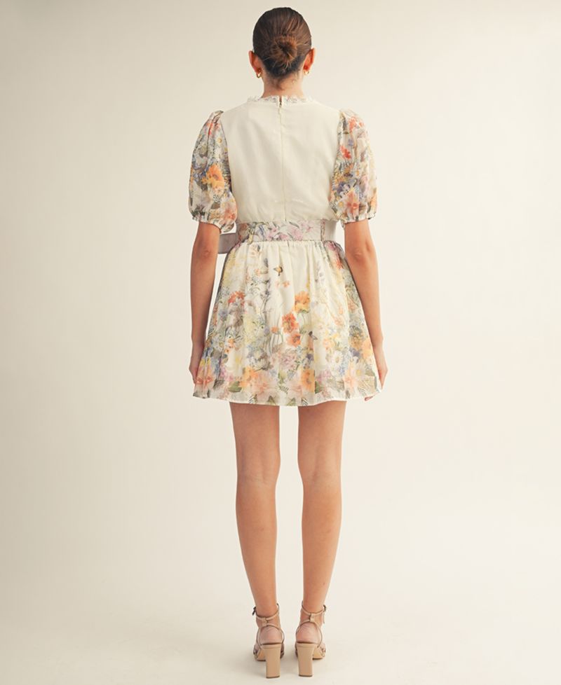 Women's Floral Garden Border Print Belted Mini Dress