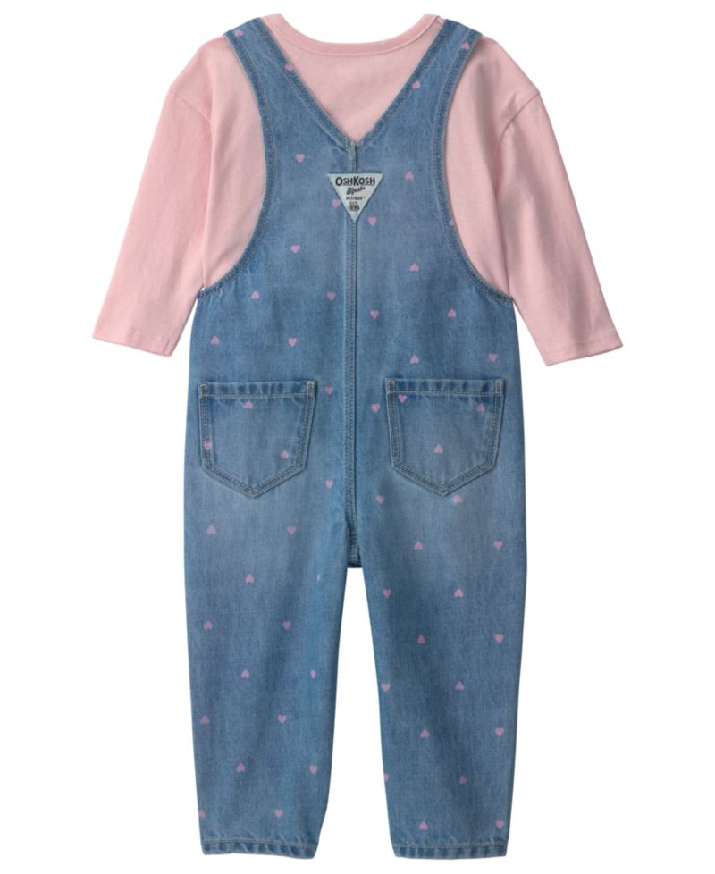 Baby Girls' Long-Sleeve Top and Heart Denim Overalls, 2-Piece Set