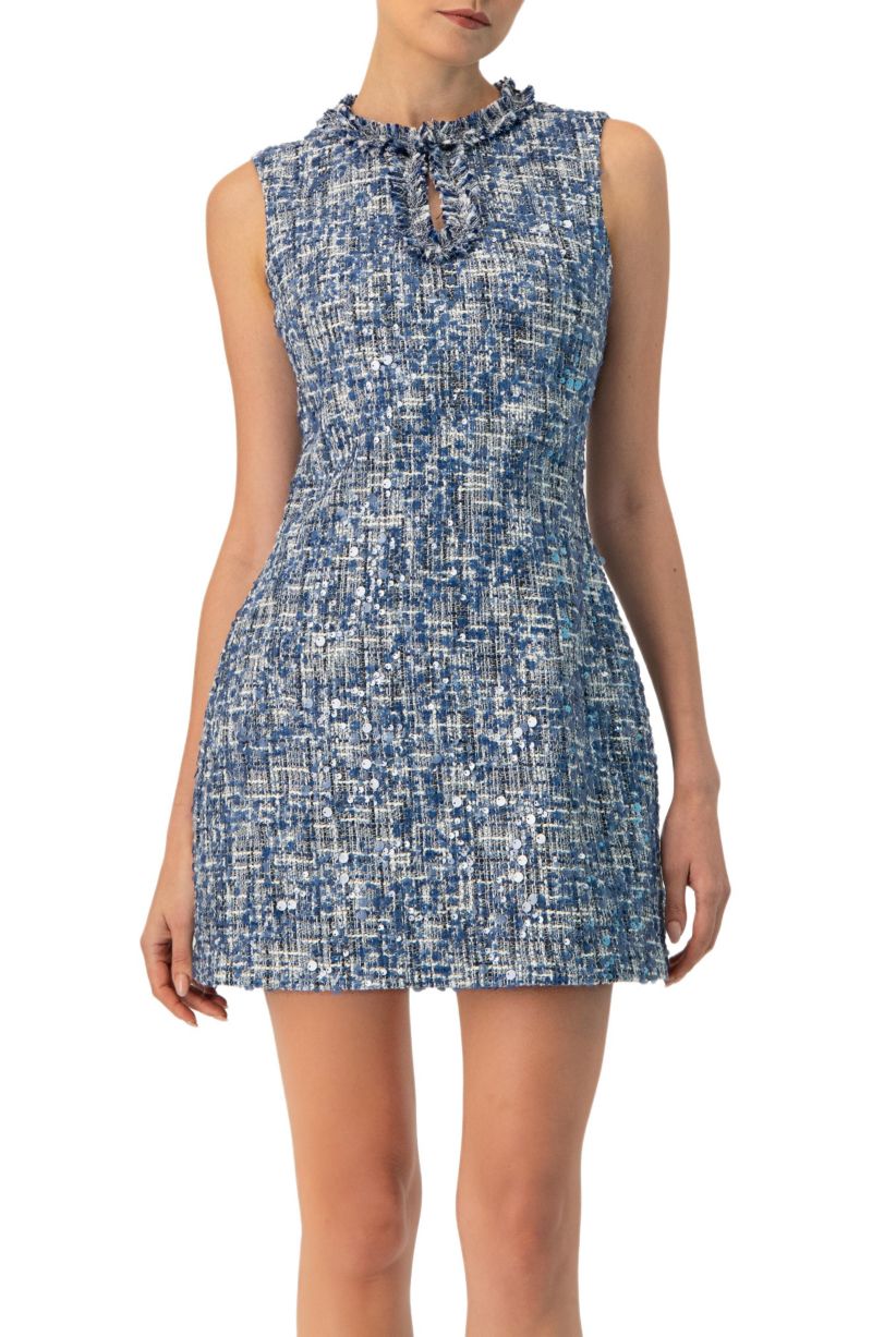 Women's Sleeveless A-Line Dress with Sequined Boucle Fabric