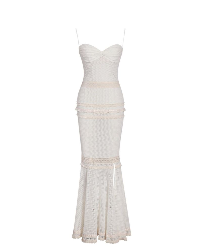 Women's Pallas Beige Lace Trim Crochet Mermaid Maxi Dress