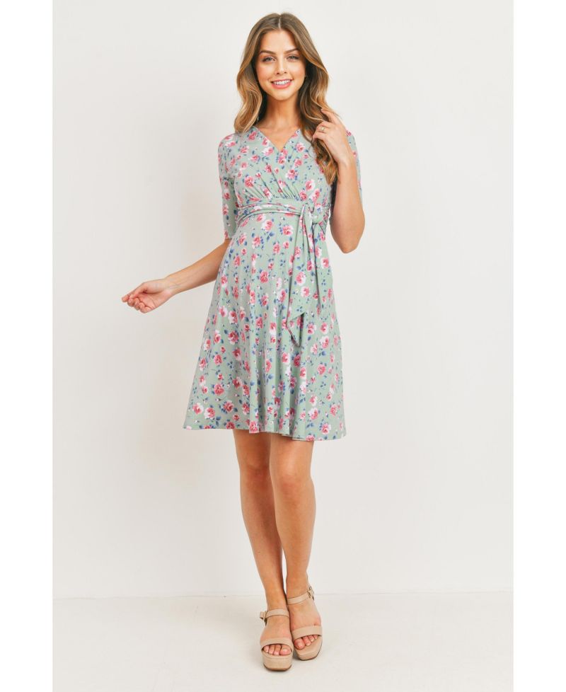 Women's Materntiy Floral V-Neck Nursing Wrap Dress with Tie Waist
