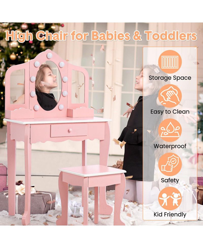 Toddler Vanity Set with 3-Panel Mirror and Stool