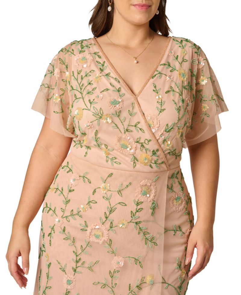 Petite V-Neck Beaded Mesh Gown