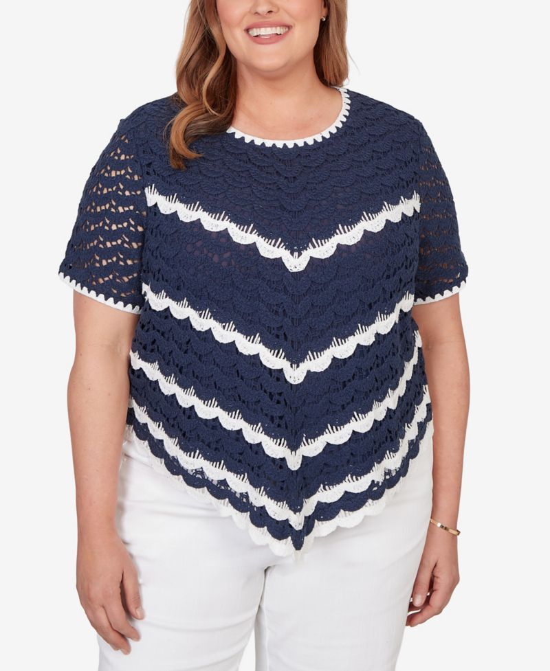 Plus Size Port Side Chevron Crochet Short-Sleeve Top