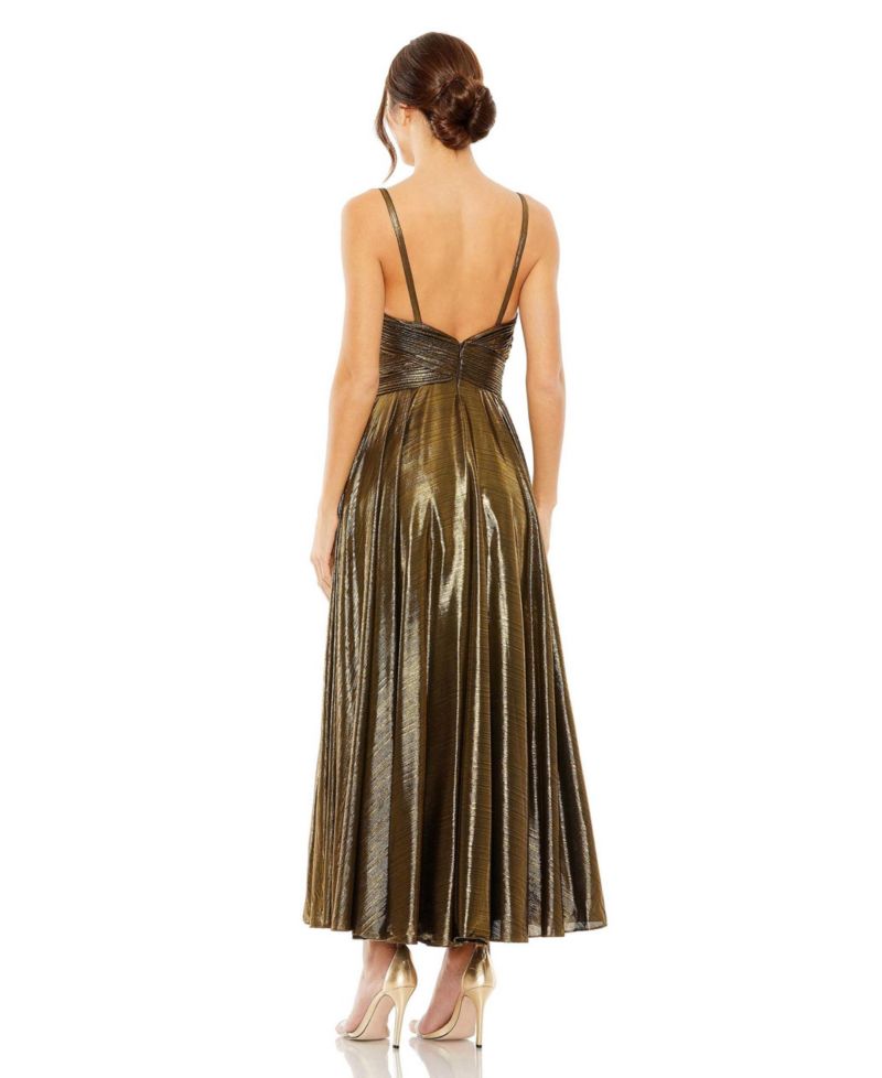 Women's Sleeveless V Neck Pleated Top Metallic Dress