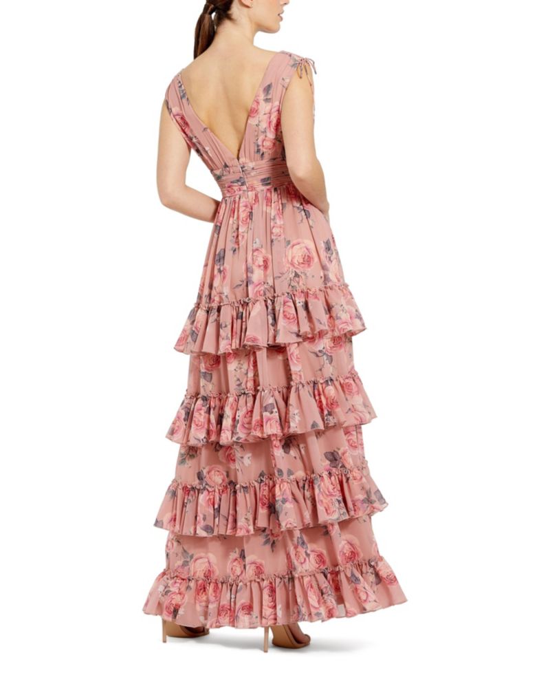 Women's Drawstring Shoulder Floral Chiffon Tiered Gown