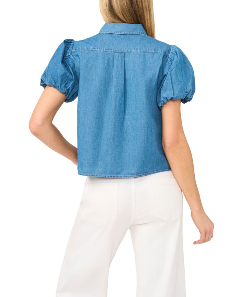 Women's Collared Puff-Sleeve Button-Up Cotton Top
