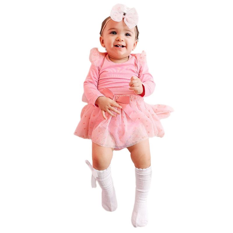 Baby Girls Flocked Heart Tiered Long Sleeve Tutu Bodysuit