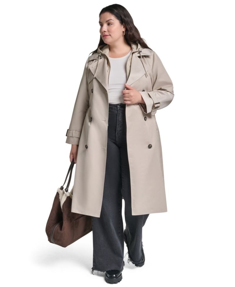 Plus Size Hooded Double-Breasted Belted Coat