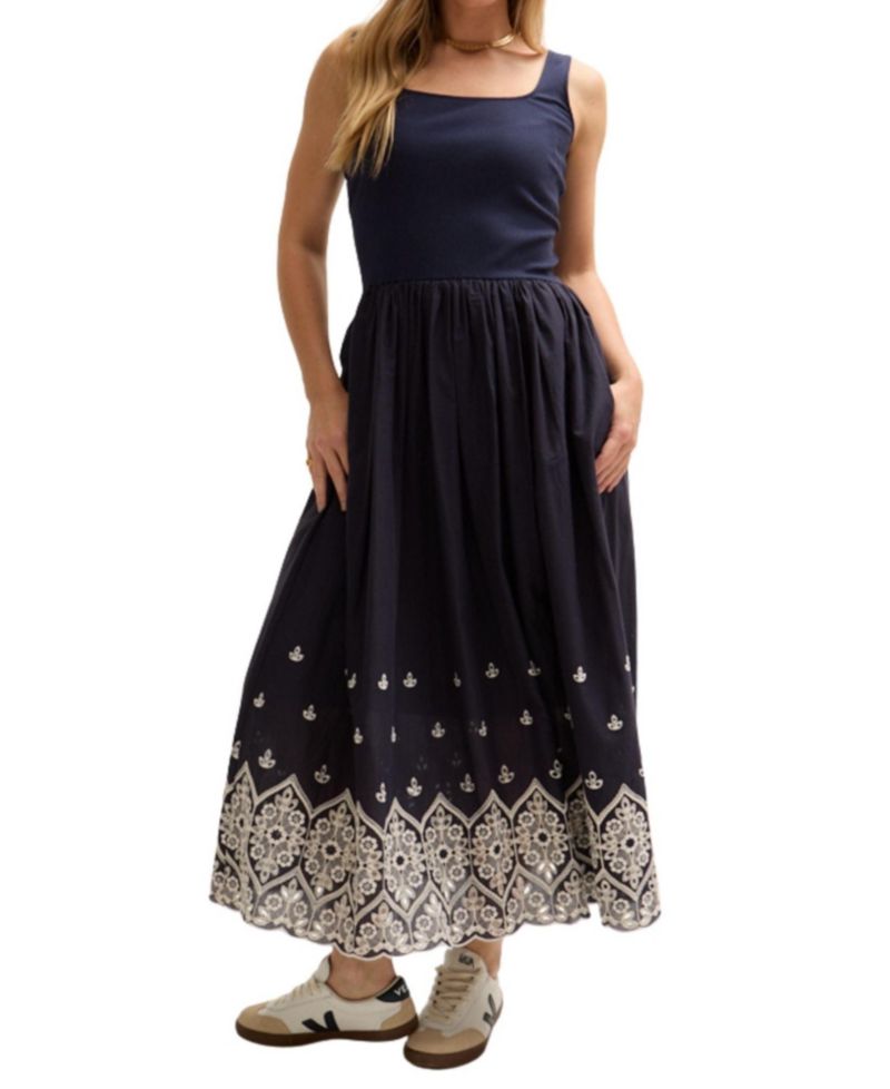 Women's Cora Sleeveless Jersey Bodice Embroidered Midi Dress