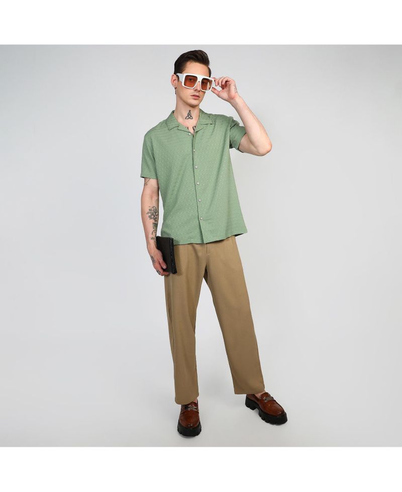 Men's Pistachio Green Embroidered Creased Shirt