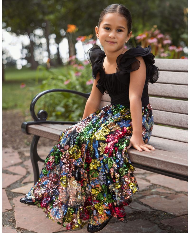 Big Girls Sequin Floral Maxi Dress with Ruffle Sleeves