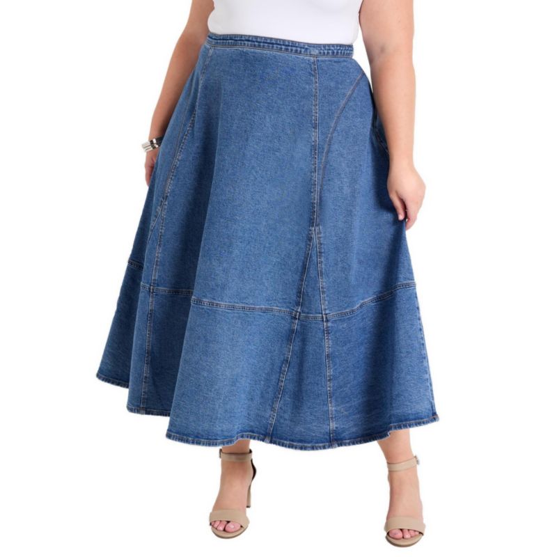 Women's June and Vie Fit-And-Flare Stretch Denim Midi Skirt