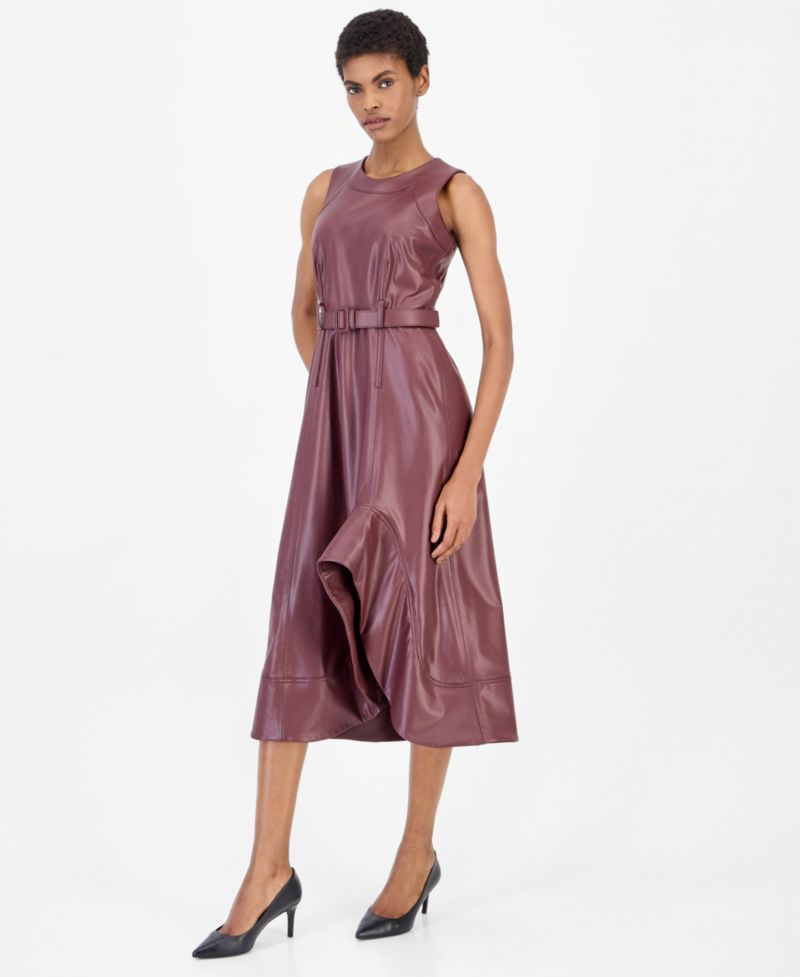 Women's Faux Leather Asymmetrical A-Line Dress
