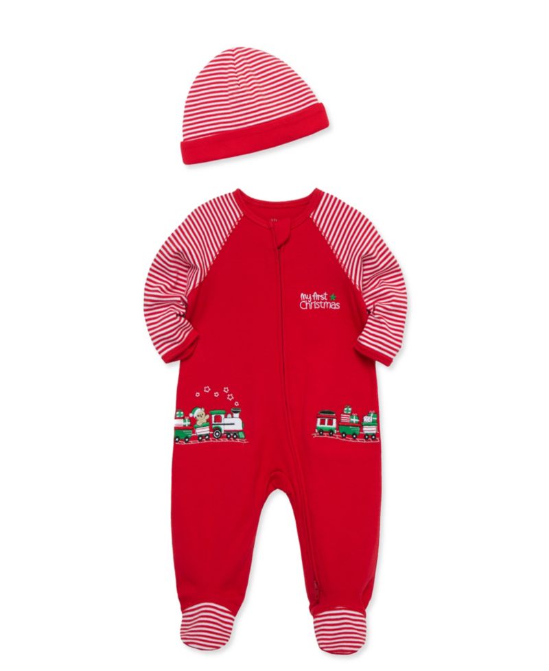 Baby Boys' Train Gift Embroidered Footed Coveralls and Hat, 2-Piece Set