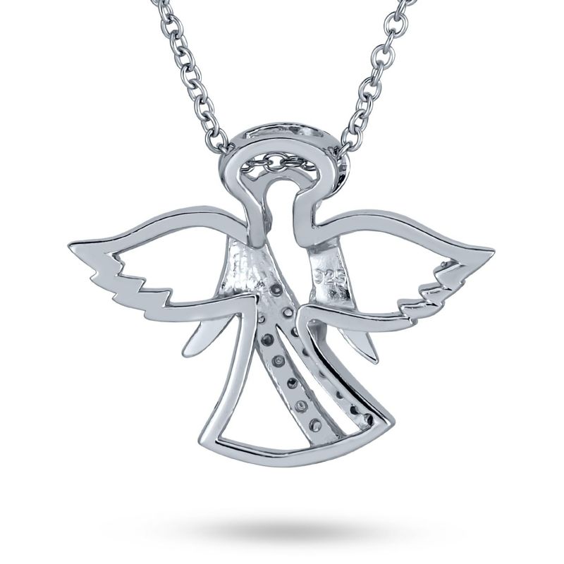 CZ Accent Protection Guardian Angel Pendant Necklace .925 Sterling Silver