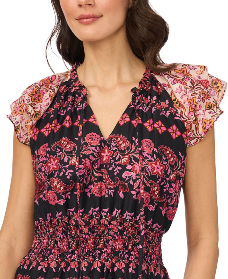 Women's Tie-Neck Smocked Waist Printed Dress