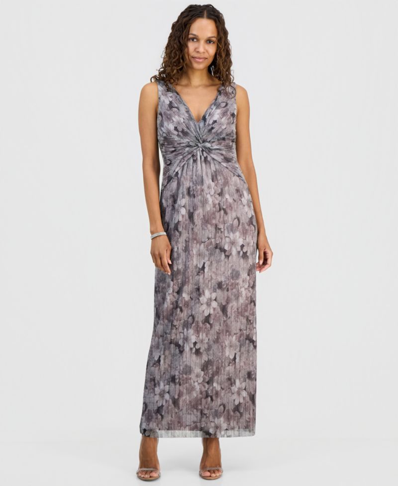 petite Metallic Floral Twist-Front Column Dress