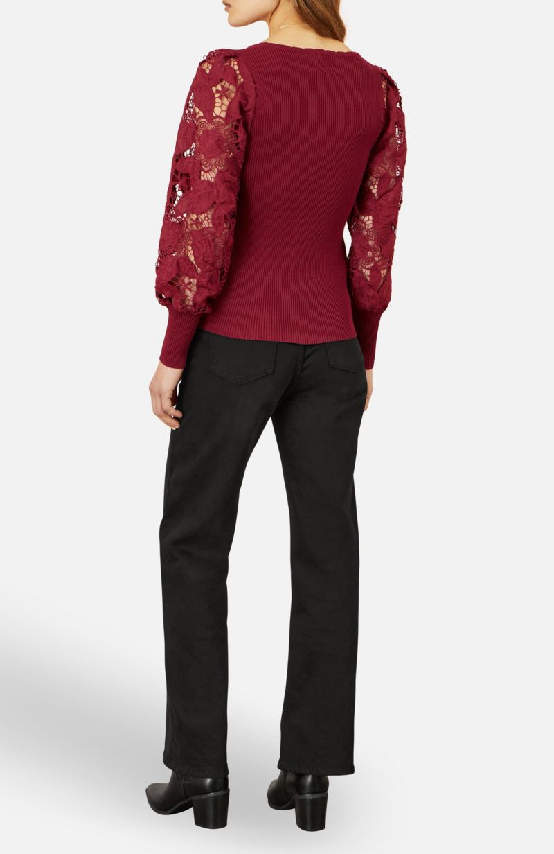Women's Ribbed Knitted Lace Sleeve Sweater