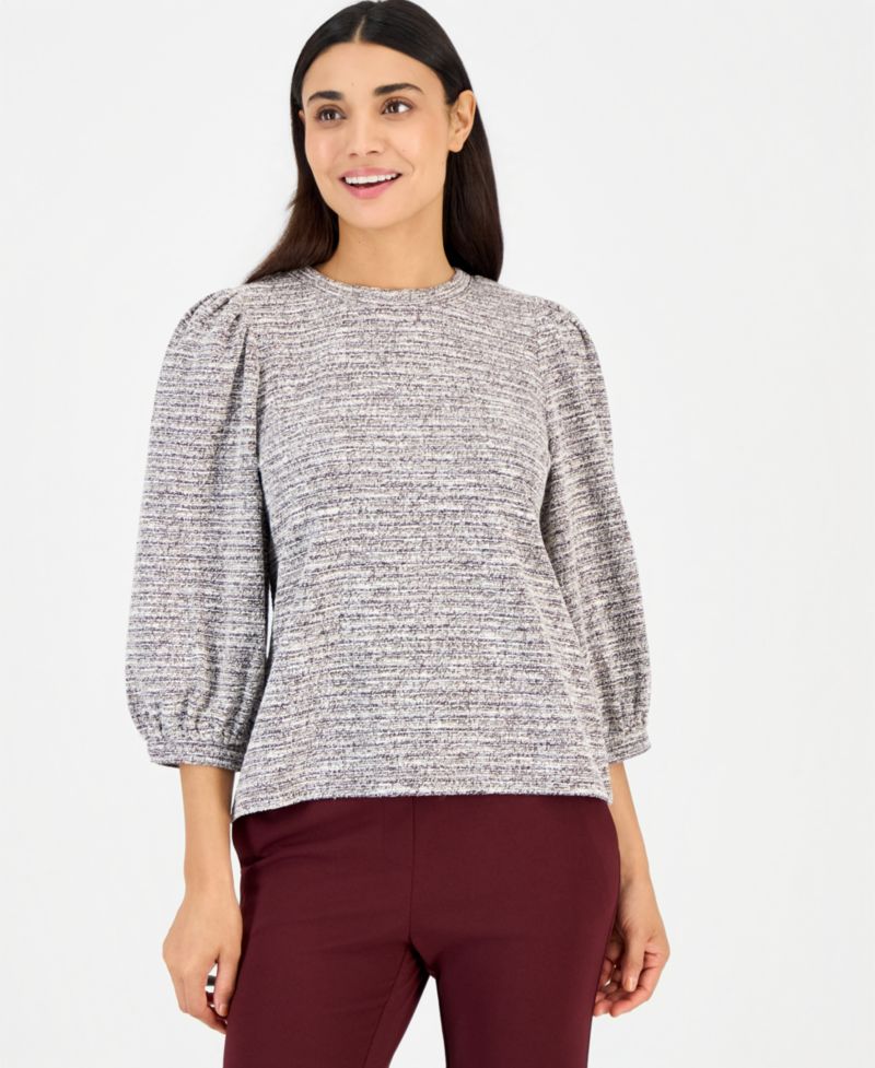 Petite 3/4-Balloon Sleeve Boucle-Knit Top