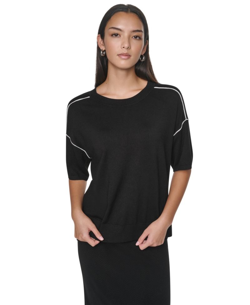Women's Short-Sleeve Pointelle-Mesh Contrast-Trim Sweater