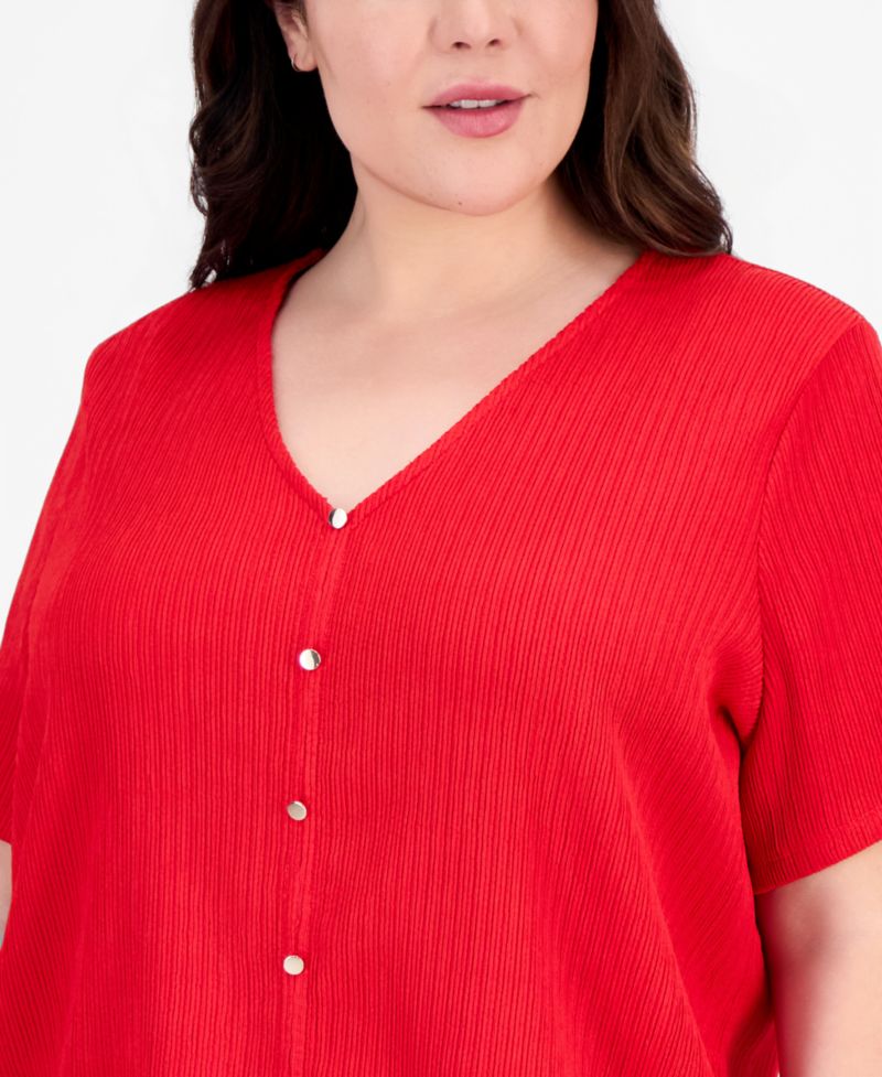 Plus Size V-Neck Button-Front Short-Sleeve Top