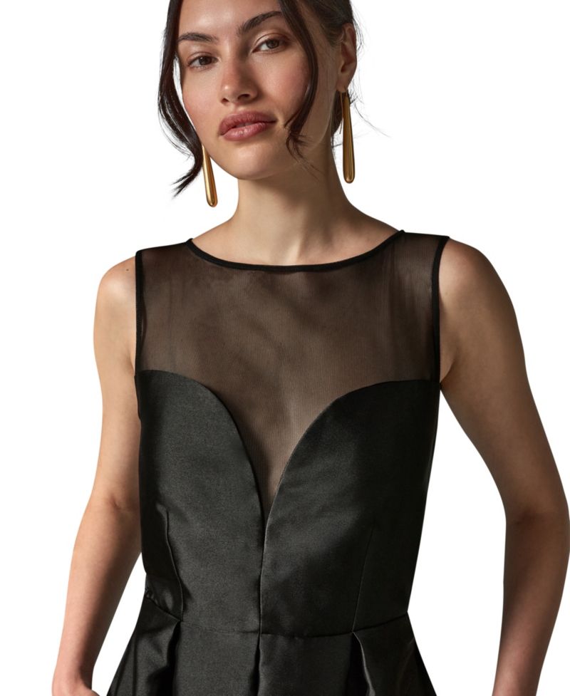 Women's Sleeveless Pleated Illusion-Neckline Gown