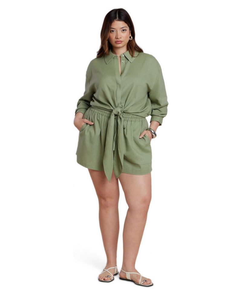 Plus Size Waist Tie Cropped Long-Sleeve Linen-Blend Button-Up Shirt