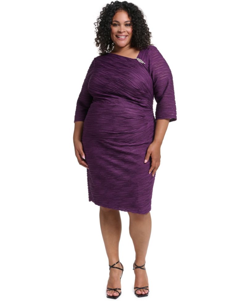 Plus Size Asymmetrical-Neck 3/4-Sleeve Side-Tuck Dress