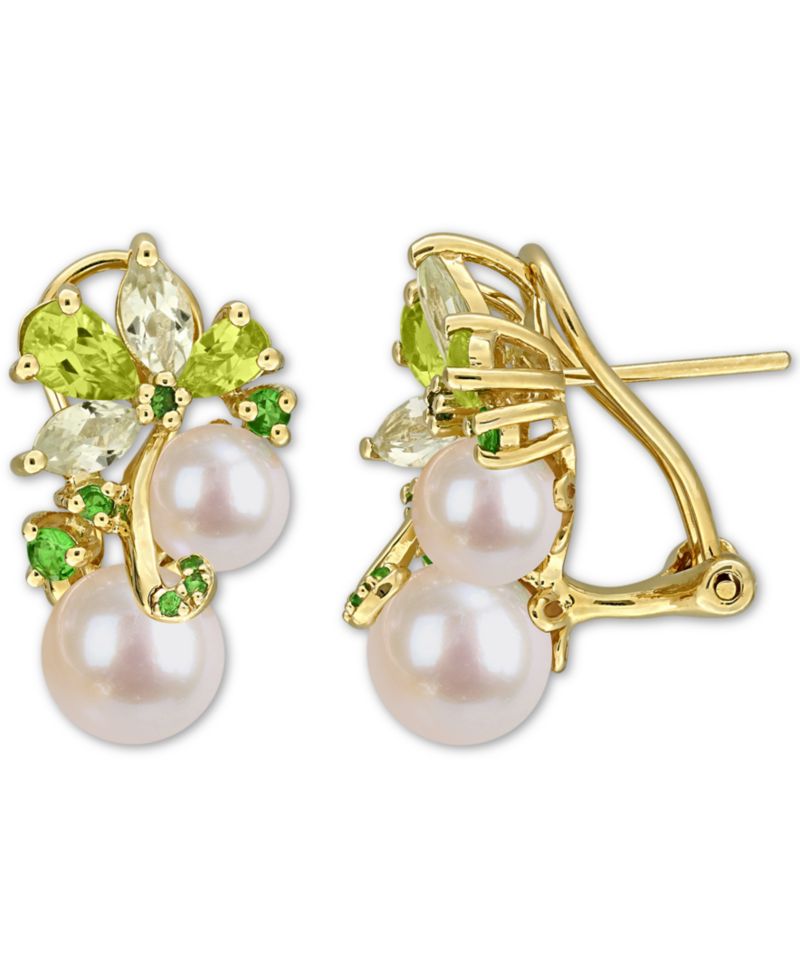 Colored Cultured Freshwater Pearl (6 & 8mm) & Multi-Gemstone (2-5/8 ct. t.w.) Cluster Earrings in 18k Rose Gold Flash-Plated Sterling Silver