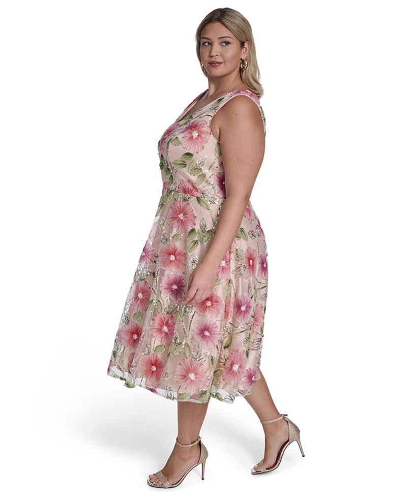 Plus Size Polyester-Blend V-Neck Sleeveless Midi Dress
