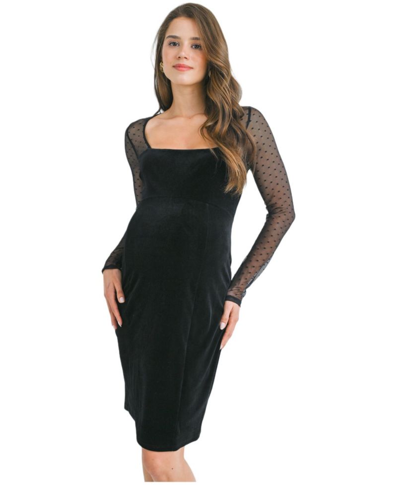 Women's Sheer Long Sleeve Square Neck Veltvet Dress