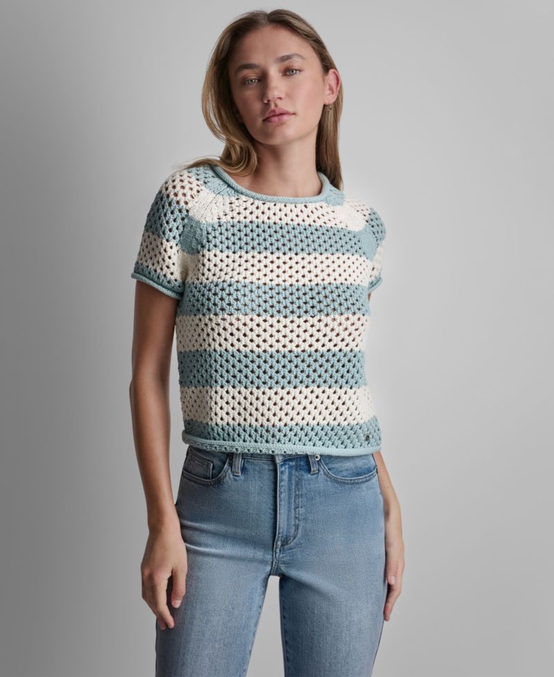 Petite Short-Sleeve Raglan Stripe Crewneck Pointelle Sweater