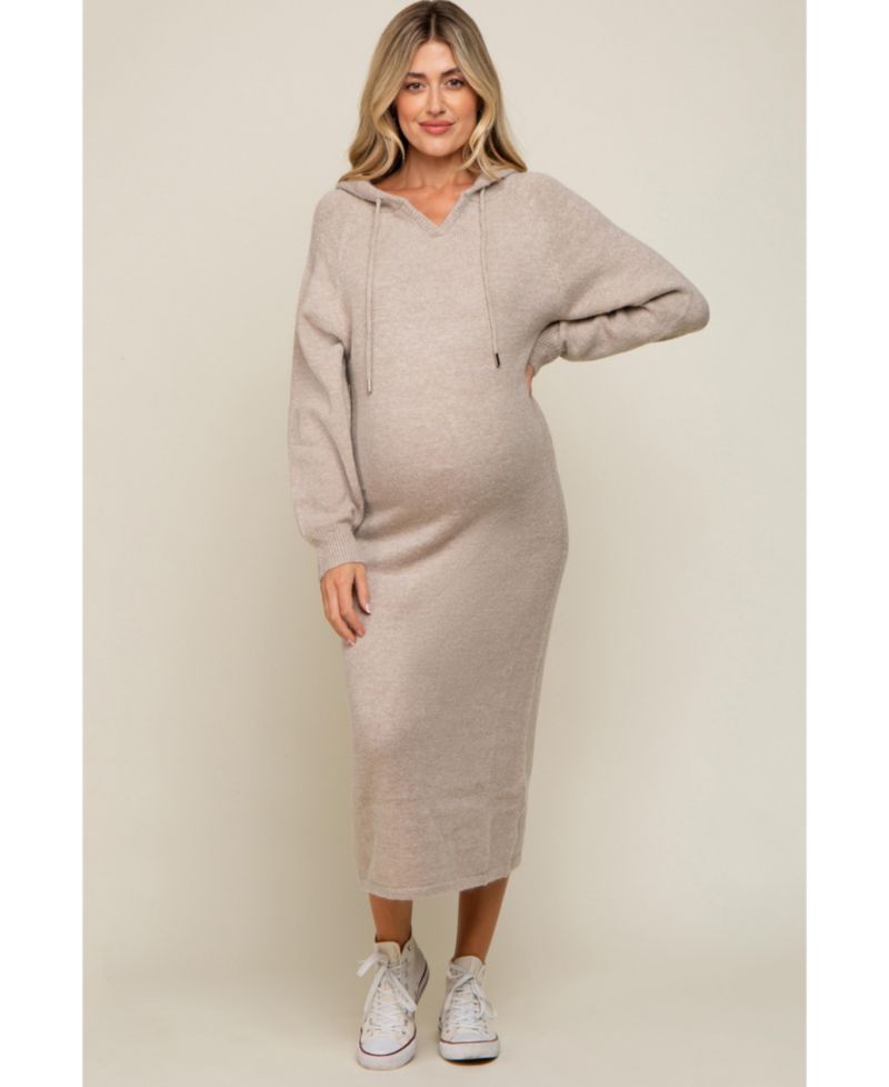 Maternity Beige Hooded Sweater Midi Dress
