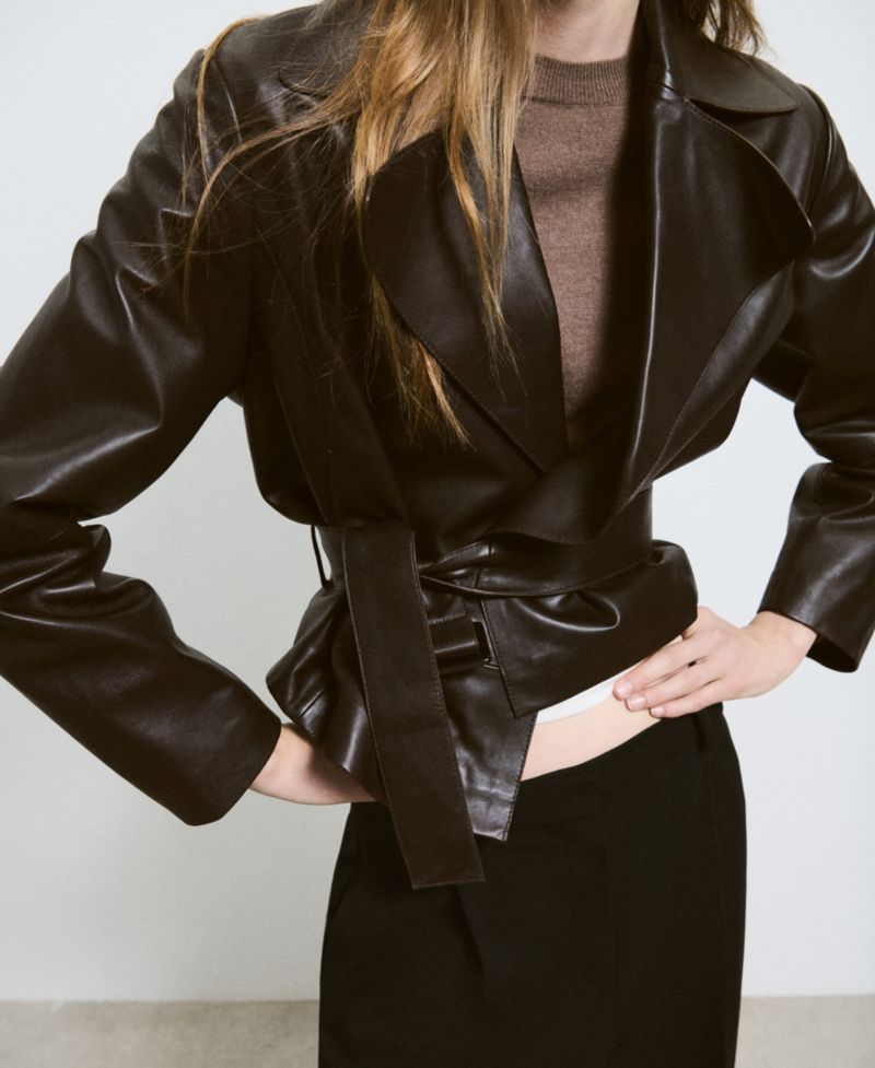Women's Selection Leather Belted Cropped Trench Jacket