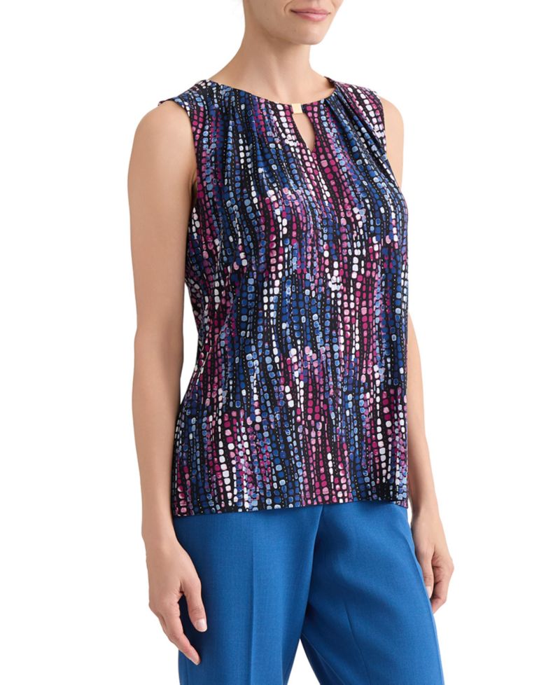 Women's Printed Pleat-Neck Keyhole Sleeveless Top