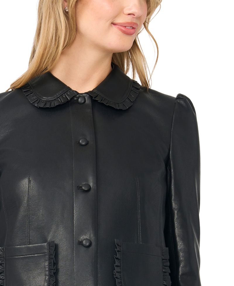 Women's Ruffle-Trim Puff-Shoulder Faux Leather Jacket