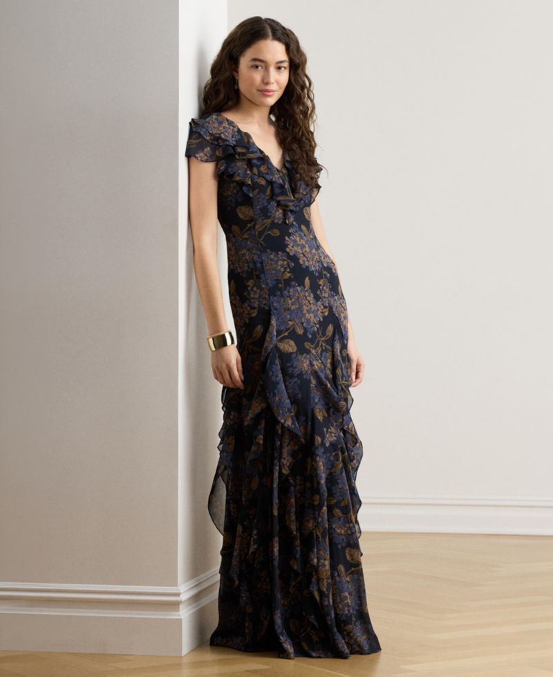 Women's Floral Ruffle-Trim Georgette Gown