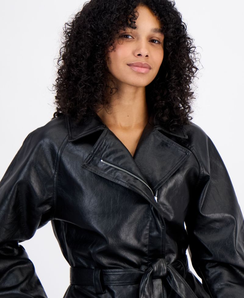 Juniors' Faux Leather Trench Zip-Front Jacket