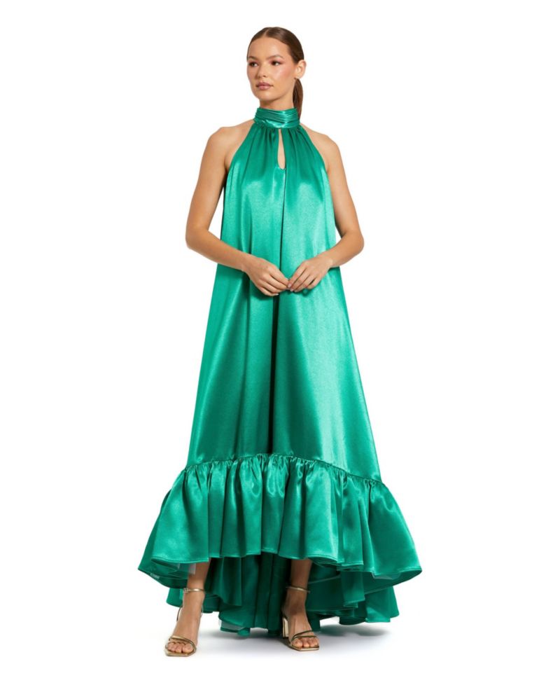 Women's Sleeveless Halter Neck Satin High-Low Gown