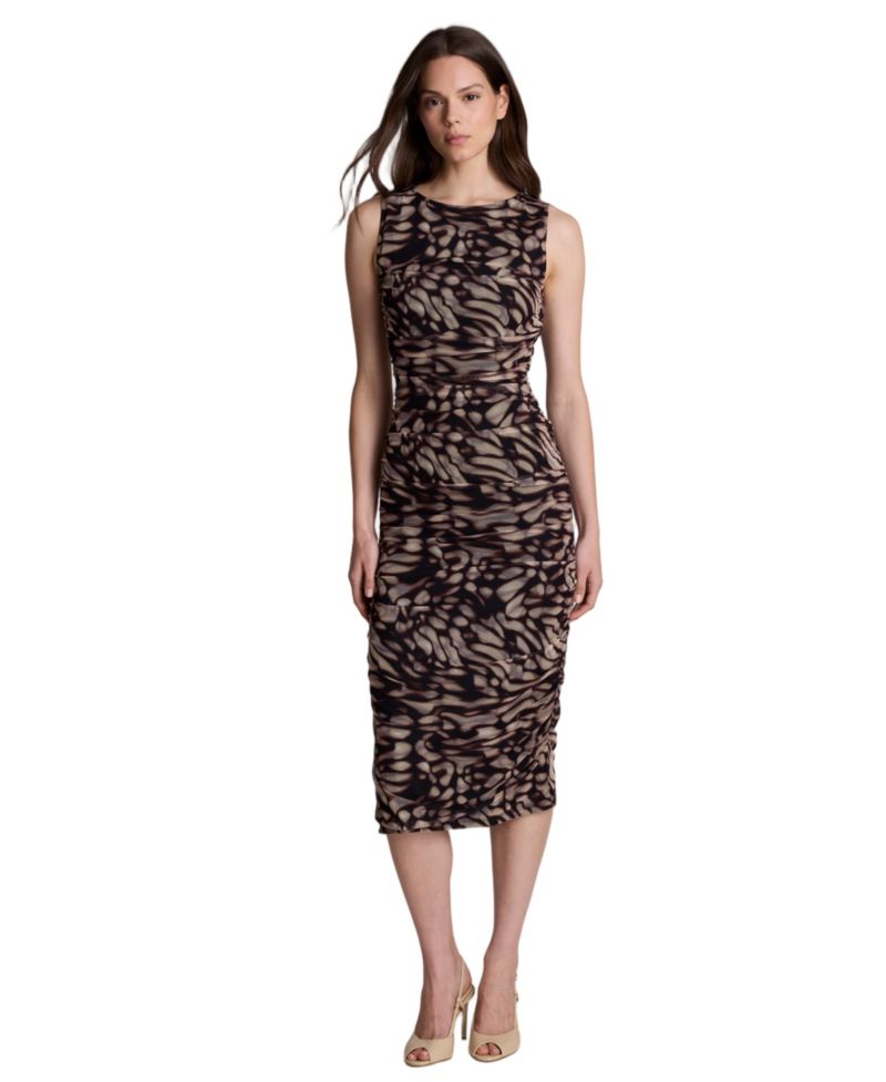 Women's Fully Ruched Printed Mesh Midi Dress