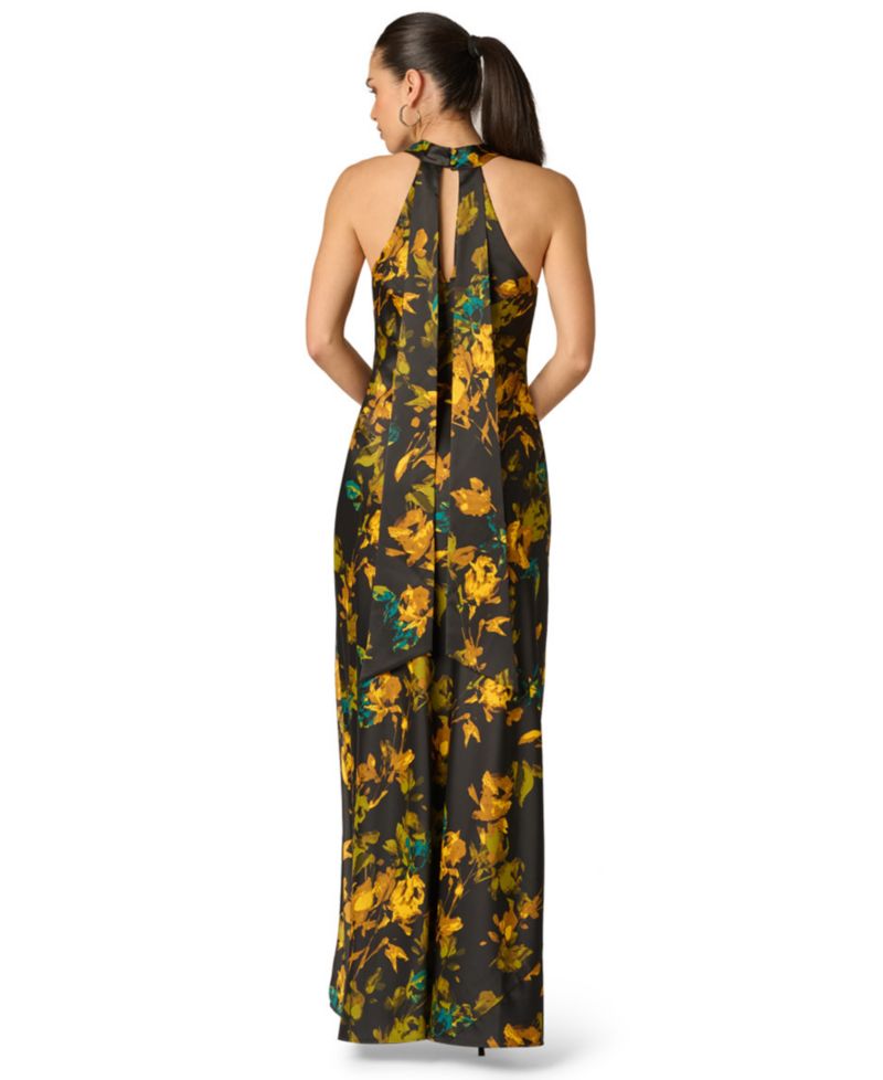 Women's Floral Stretch Satin Scarf Halter Gown