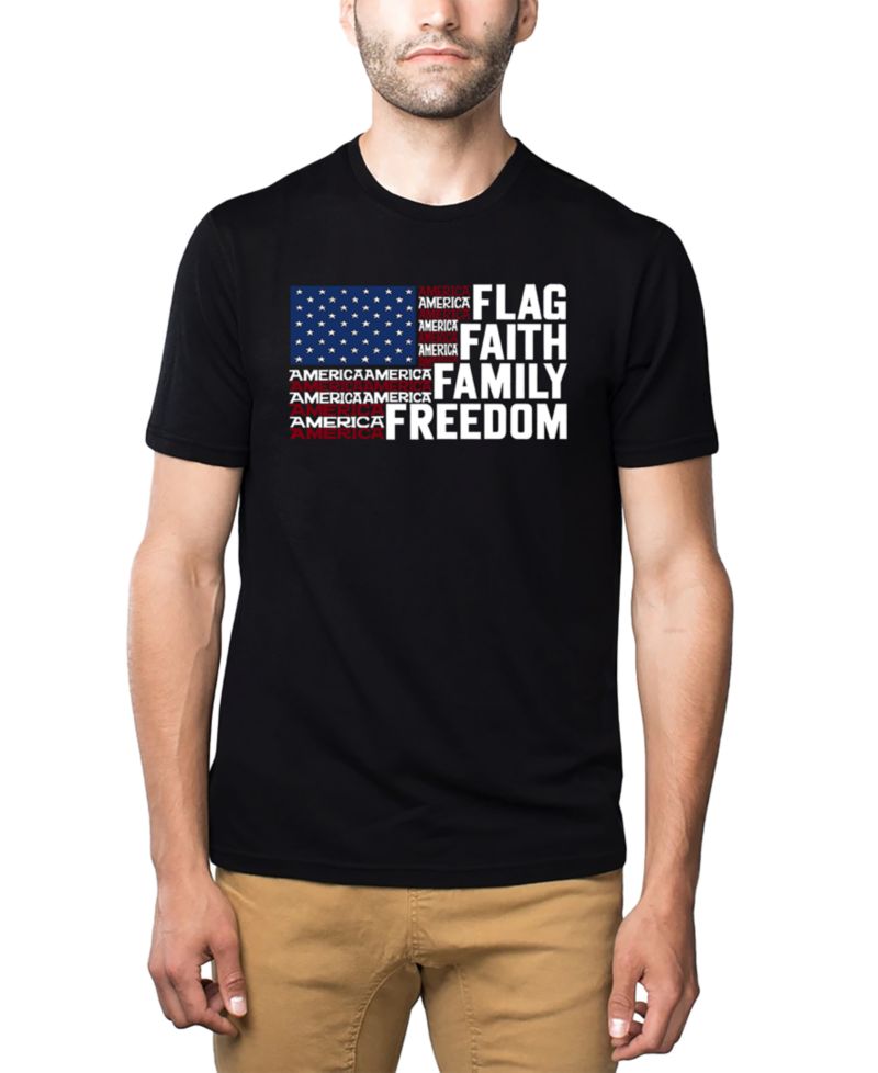 Men's Flag Faith Family Freedom American Flag Word Art Cotton and Polyester Blend T-Shirt
