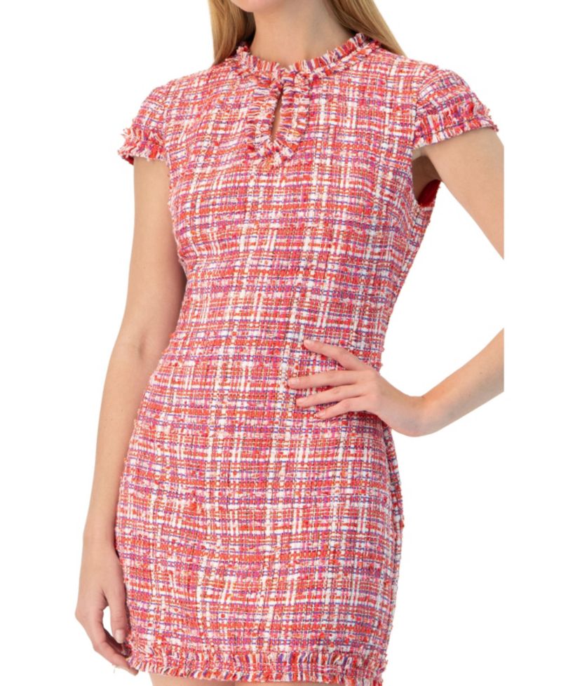 Women's Short Tweed A-Line Dress with V-Neck Neckline