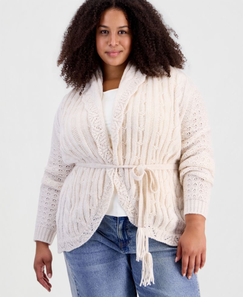 Plus size Tie Pointelle Shawl Collar Drop-Shoulder Cardigan